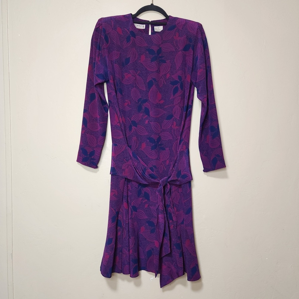 Vintage Liz Claiborne Purple Drop Waist Dress Long‎ Sleeve Silk Womens Size 8P